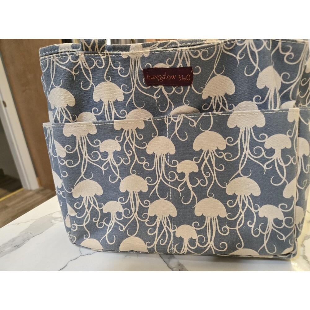 Bungalow360 tote bag W/ Wallet blue canvas cream Jelly Fish
